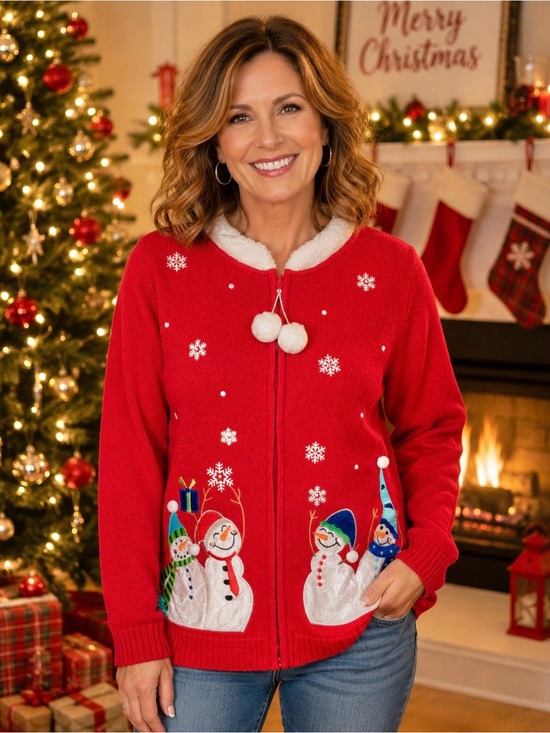 Classic Elements Sweaters - Ugly Christmas Sweater Classic Elements Red Zip Cardigan Snowmen Women’s Sz L